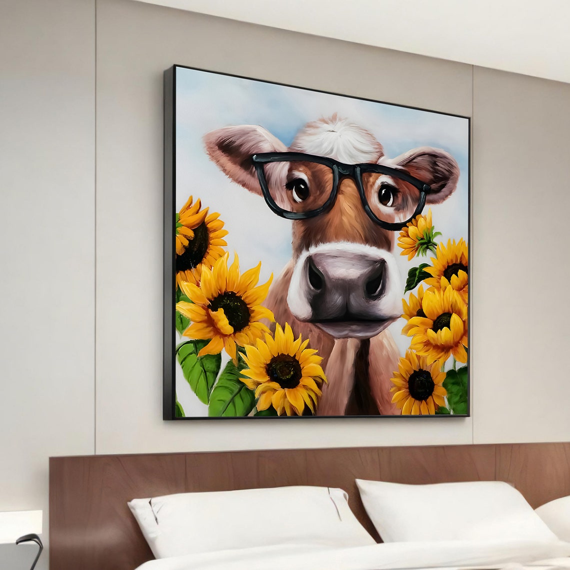 Cute Cow Wearing Glasses Sunflowers Whimsical Farm Wall Poster