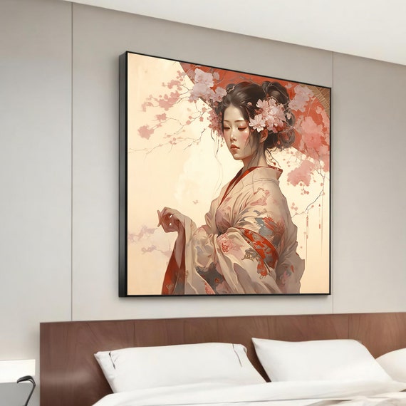 Elegant Ethnic Woman In Traditional Kimono Canvas Painting Serene Abstract Portrait Beautiful Wall Art For Modern Home Decor Gift