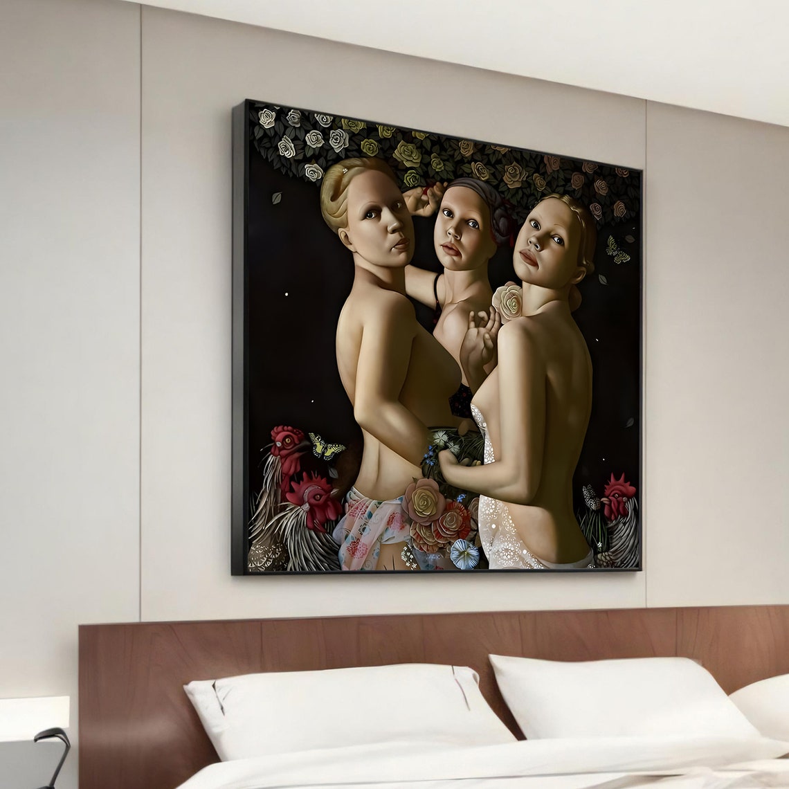 Sensual Trio Floral Dark Background Canvas Painting Style Poster
