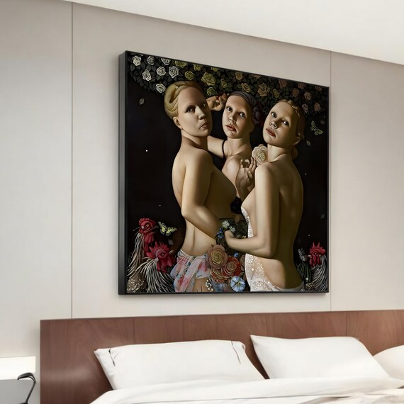 Sensual Trio Floral Dark Background Canvas Painting Style Poster
