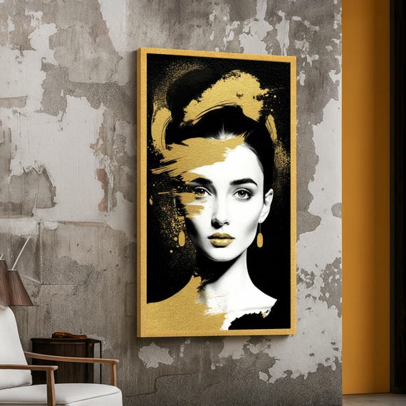 Elegant Woman Portrait Canvas Gold Splatter Art Black And White Face Painting Modern Glam Wall Decor Luxury Home