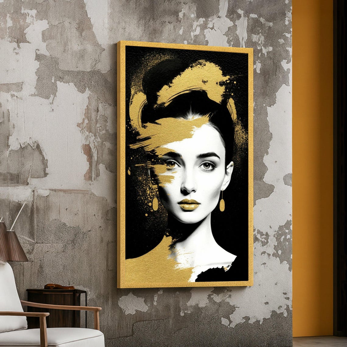 Black And White Woman Portrait Gold Paint Splash Modern Poster
