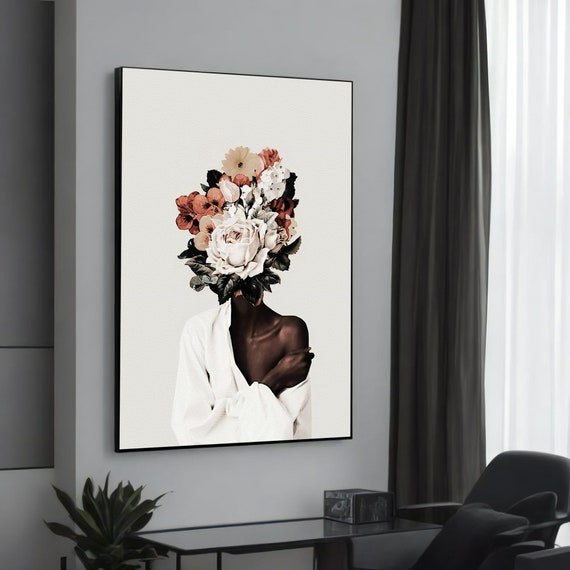 Ethereal Floral Elegance Canvas Art Framed Wall African Woman With Flowers Ready To Hang Ethnic Decor