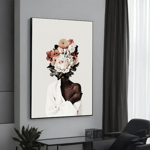 Woman with Bouquet Head Surreal Floral Face Minimalist Art Poster