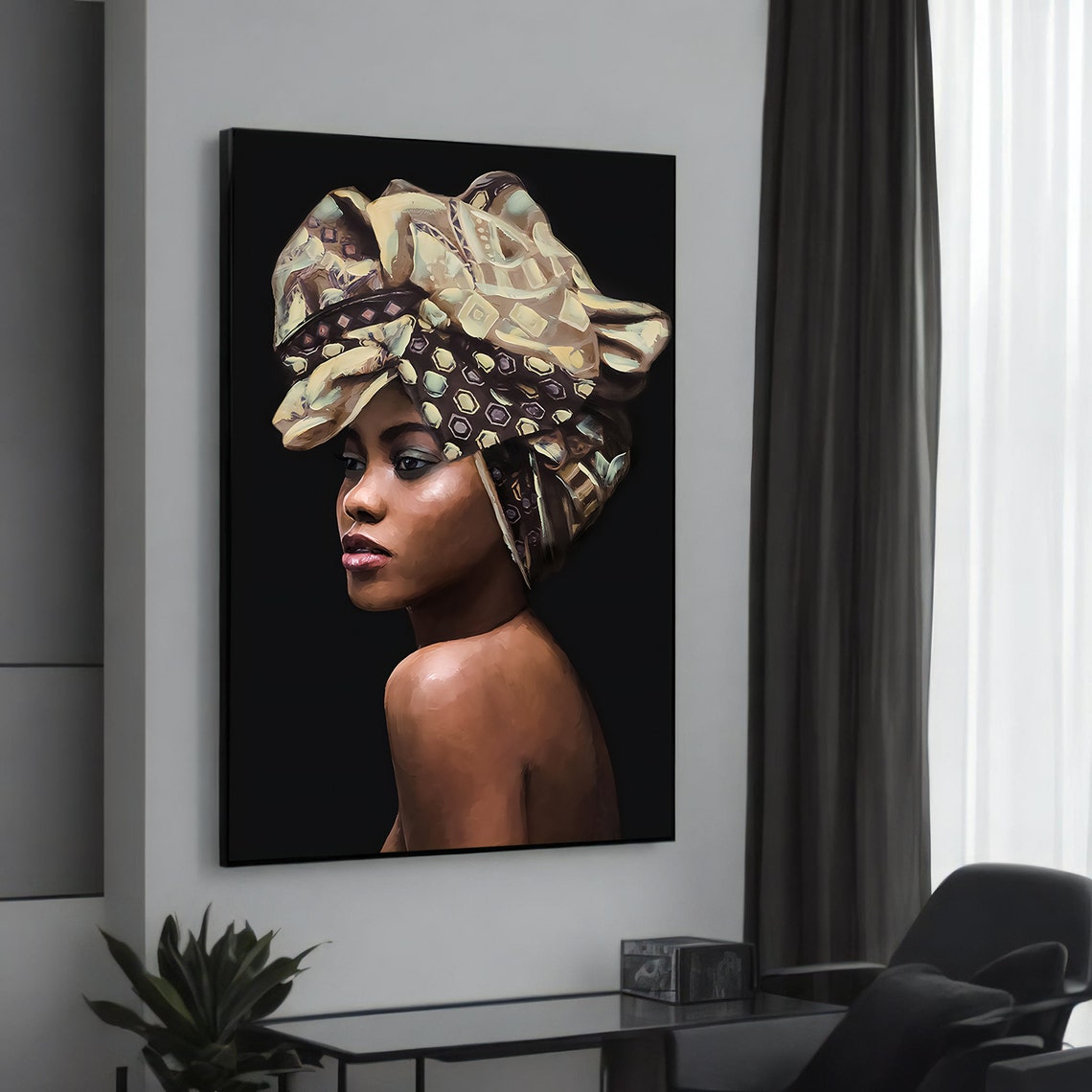 African Woman Patterned Headwrap Portrait on Black Elegant Art Poster
