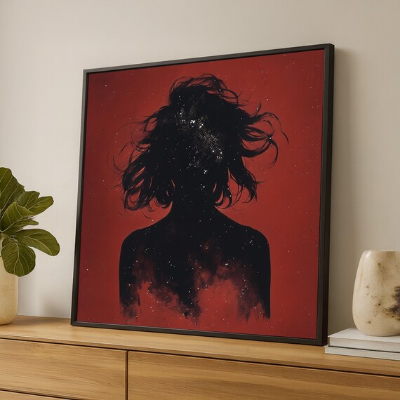Cosmic Silhouette Art Abstract Female Canvas Red And Black Wall Modern Home Decor Starry Night Design Ready To Hang