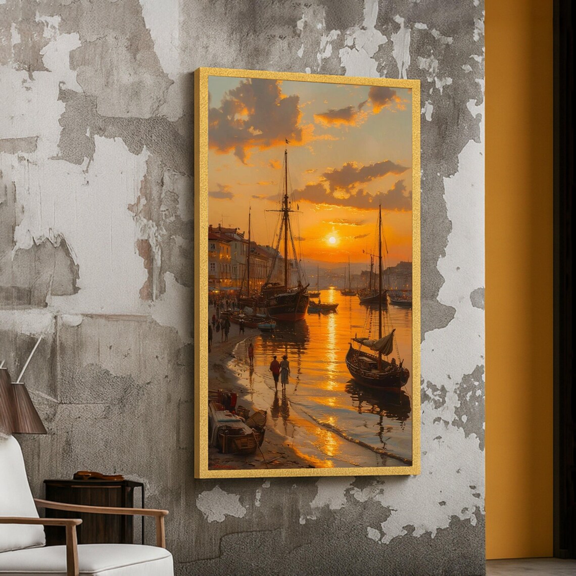 Golden Sunset Harbor Scene, Vintage Coastal Landscape Poster