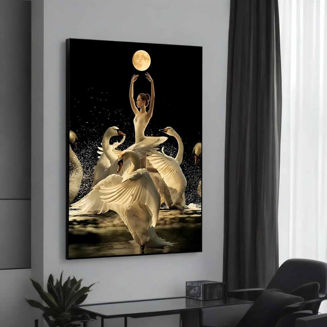 Elegant Ballerina Dancing with White Swans Under a Full Moon Poster