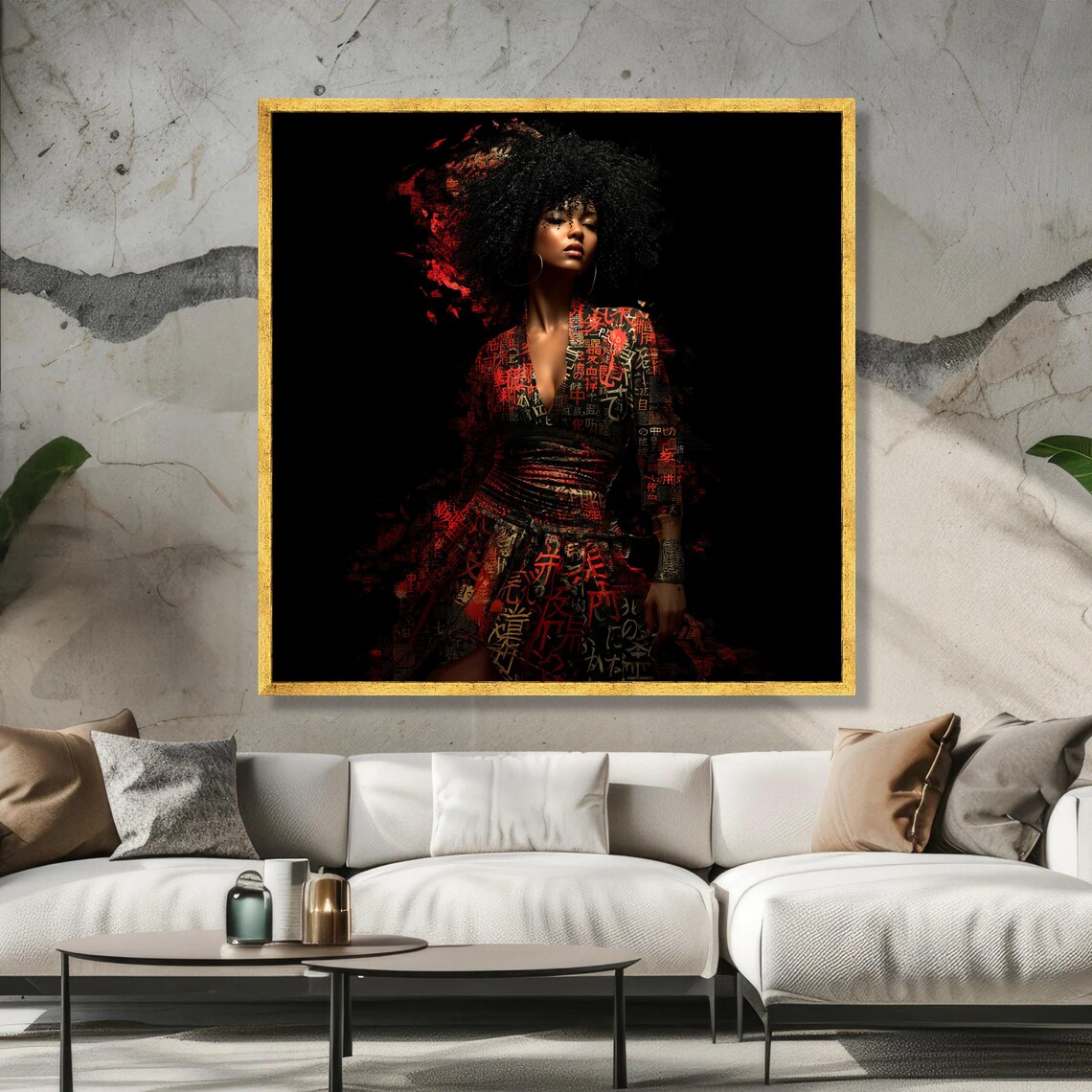 Afro Woman Red Calligraphy Dress Striking Portrait Art Poster
