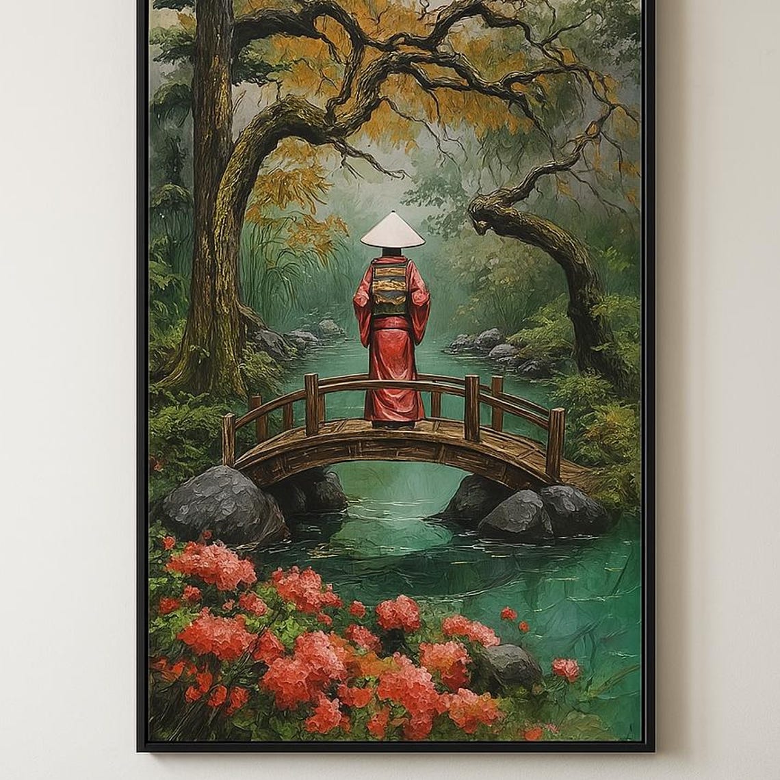 Japanese Garden Geisha on Wooden Bridge, Zen Decor