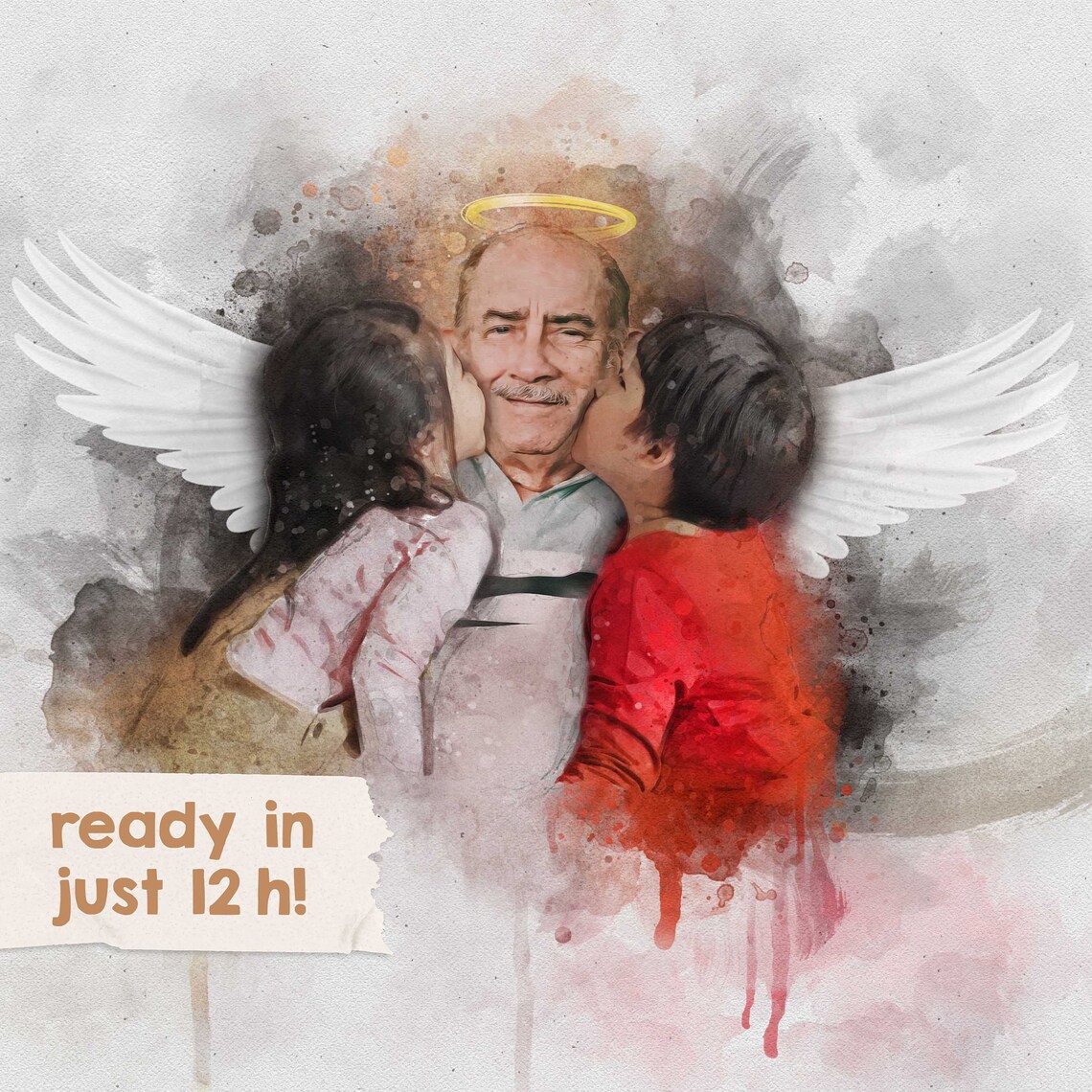 Memorial Grandfather Angel Wings Watercolor Portrait Art Poster