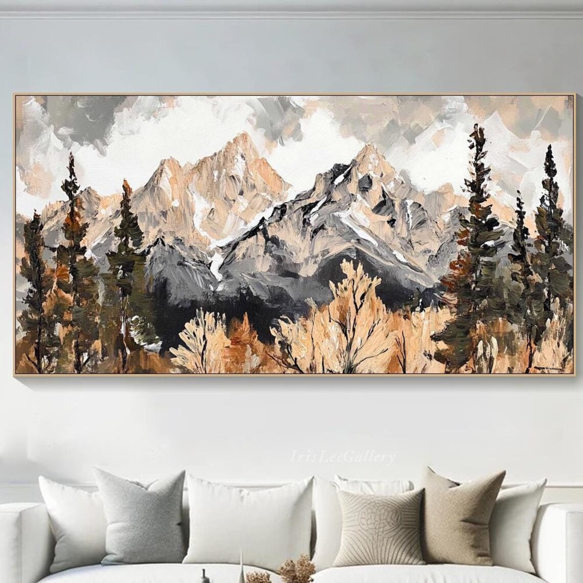 Mountain Landscape Oil Painting On 3d Texture Impasto Wall Art Large Rustic Nature Decor Neutral Tones Forest Living Room Wall Art