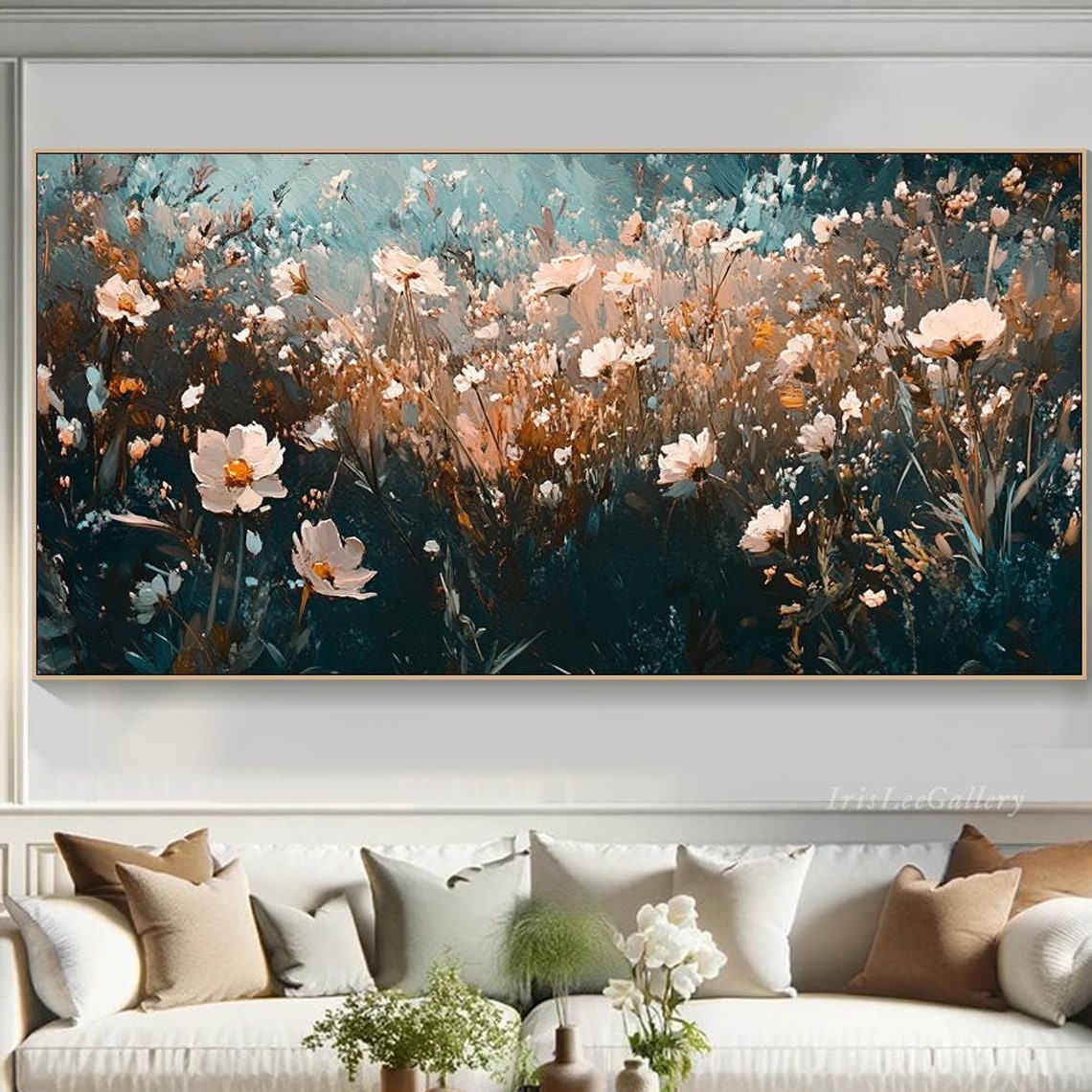 White Blush Wildflower Meadow Deep Teal Textured Floral Art Poster