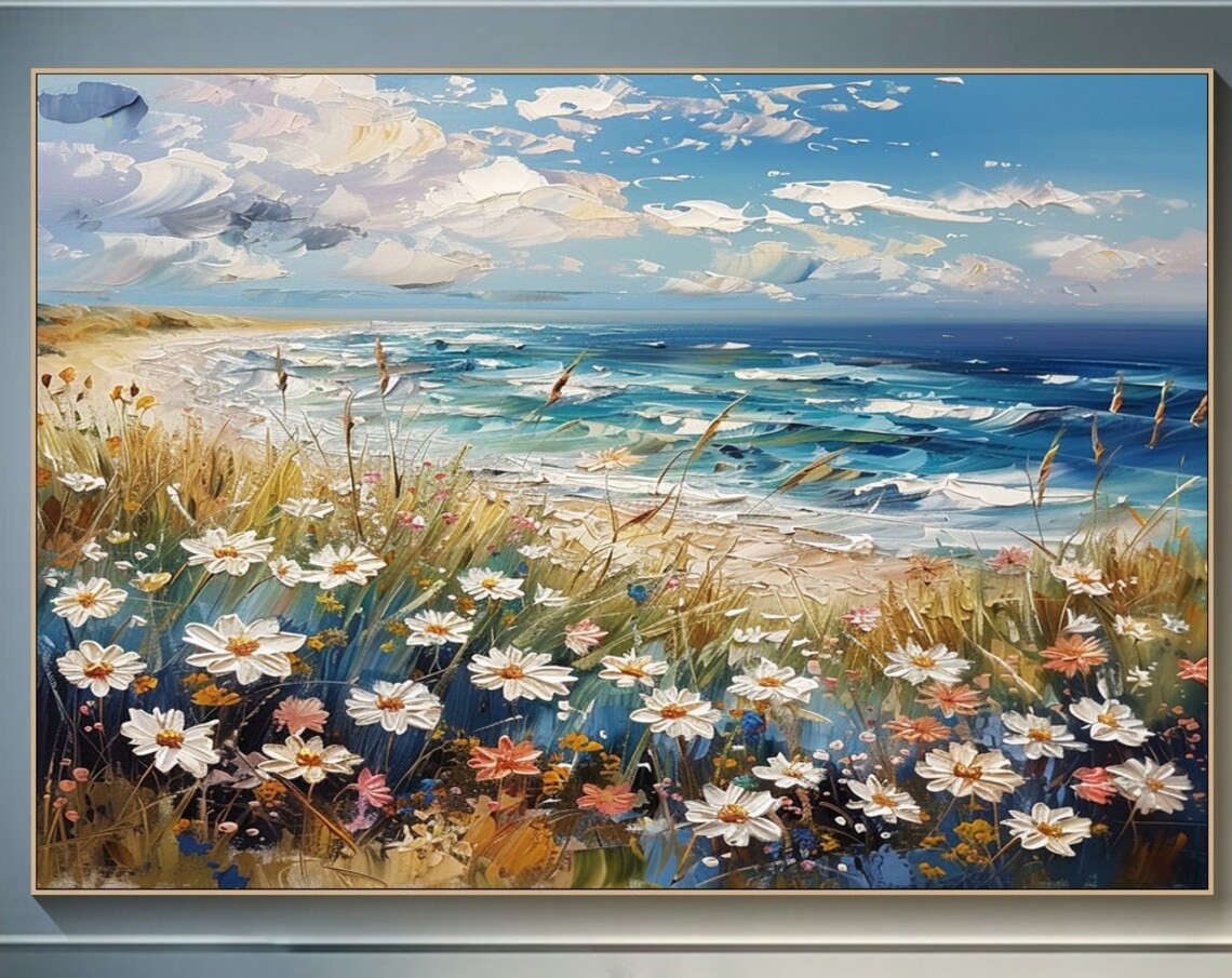 White Daisies by the Sea Blue Ocean Meadow Coastal Art Poster