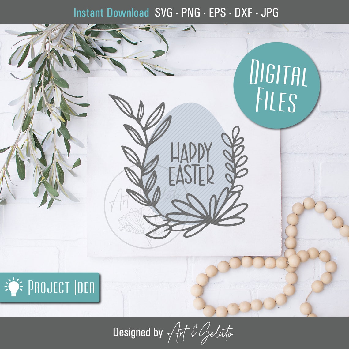 Happy Easter Blue Floral Egg Hand Lettered Spring Cut File Poster - Image 2