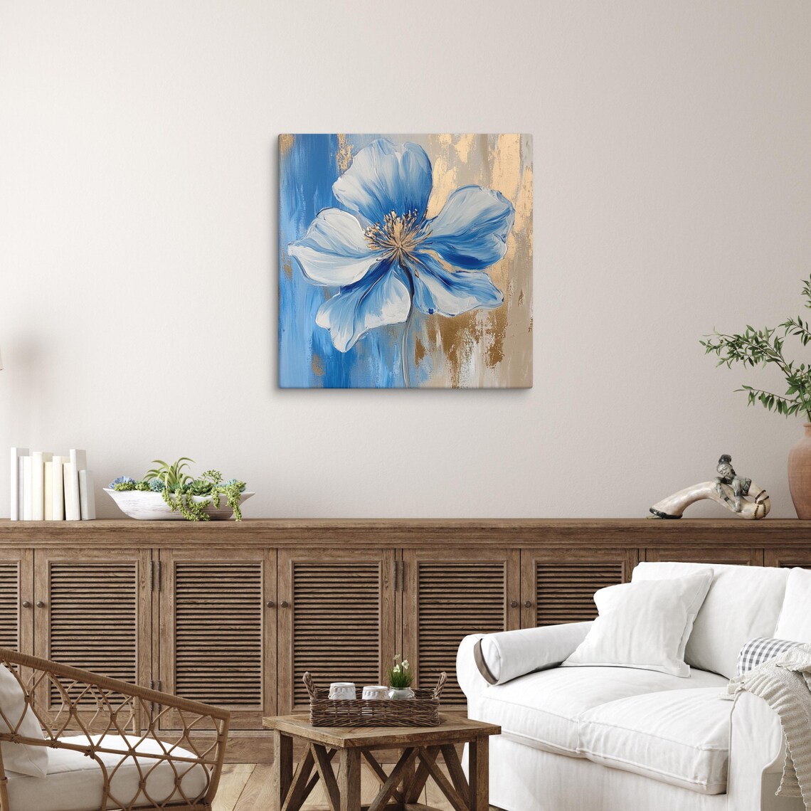 Blue White Flower Impasto Petals Blue Gold Abstract Art Poster - Image 3