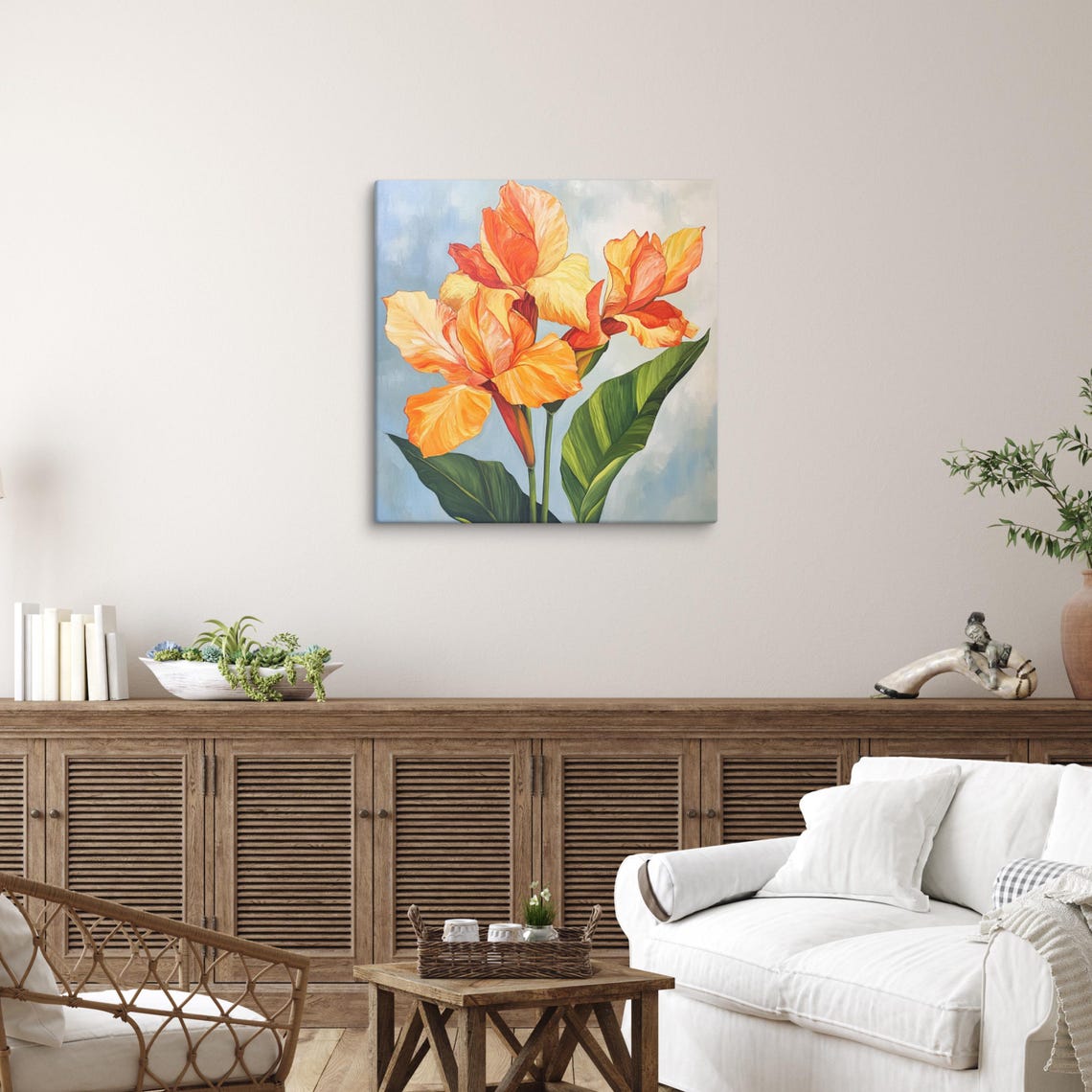 Orange Canna Lilies Tropical Bloom Pale Blue Sky Floral Poster - Image 4