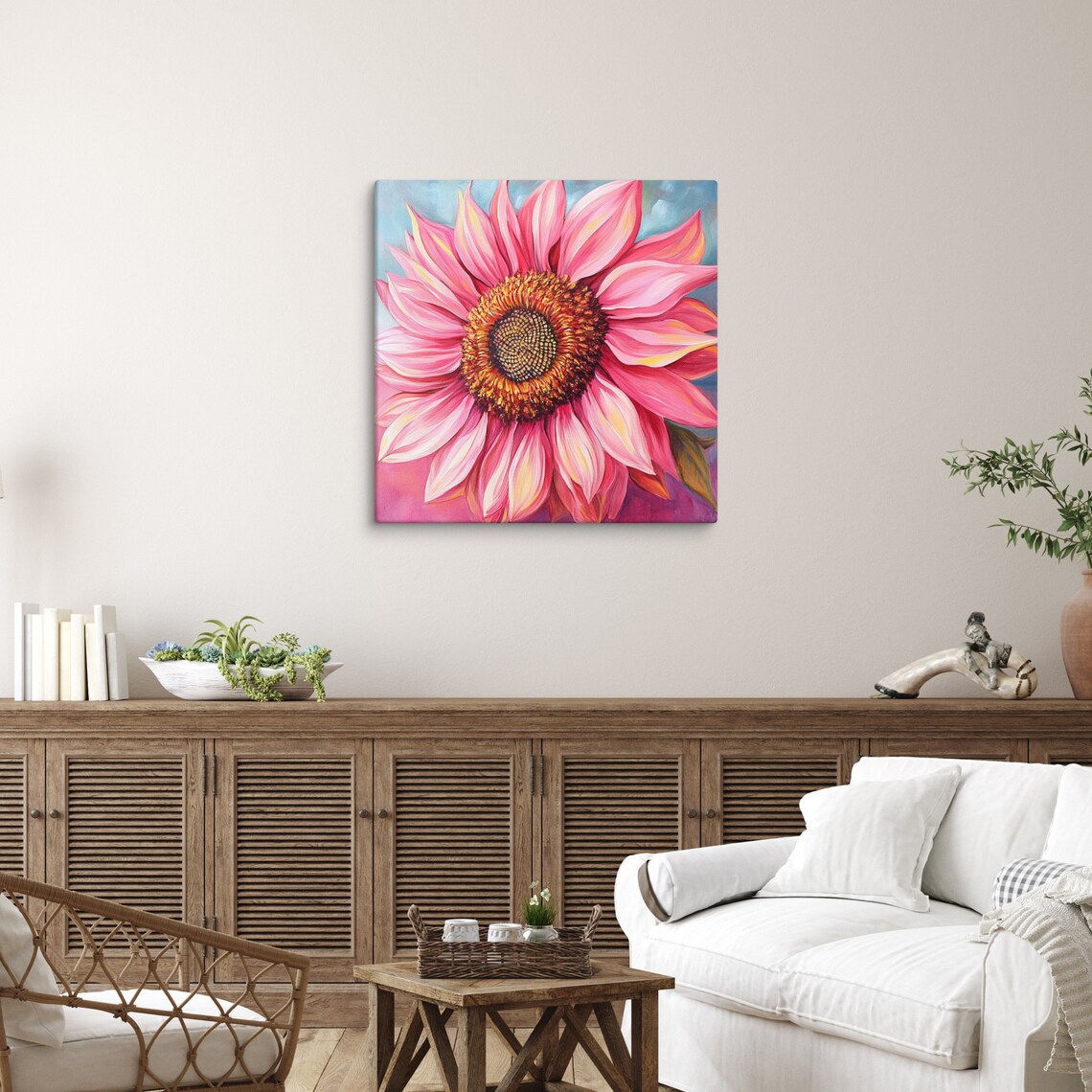 Pink Sunflower Bloom Bold Petals Blue Sky Painting Art Poster - Image 2
