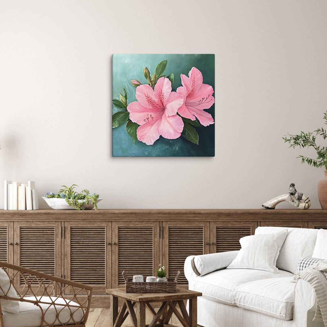 Pink Azalea Blossoms Green Leaves Teal Background Print Poster - Image 2