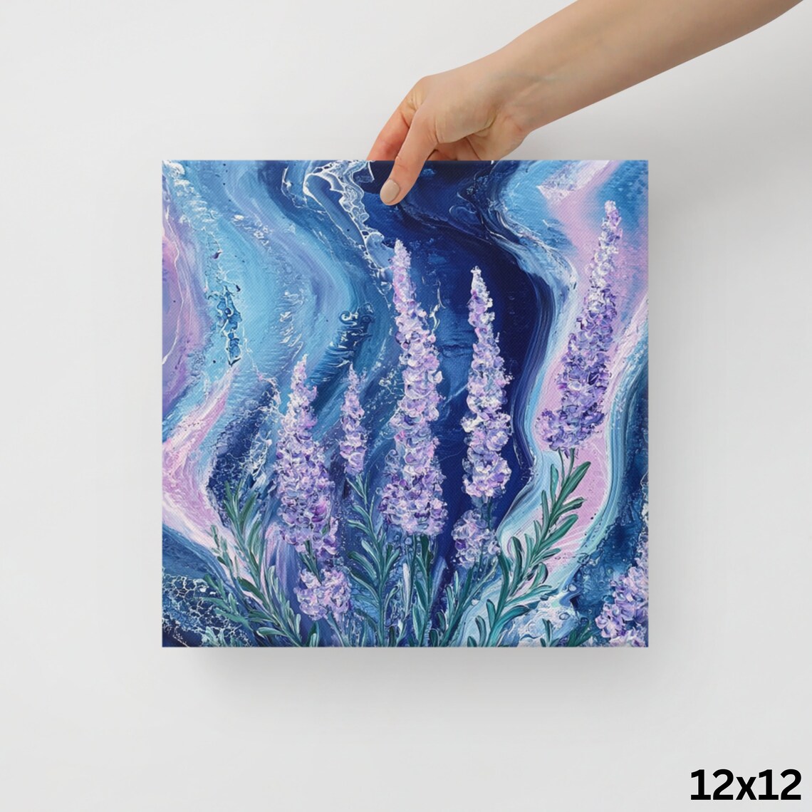 Purple Lavender Stalks Blue Abstract Swirl Oil Painting Poster - Image 2