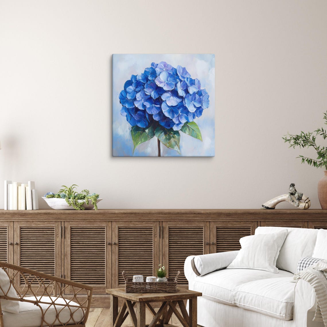 Blue Hydrangea Flower Head Green Leaves Painterly Floral Wall Art - Image 5