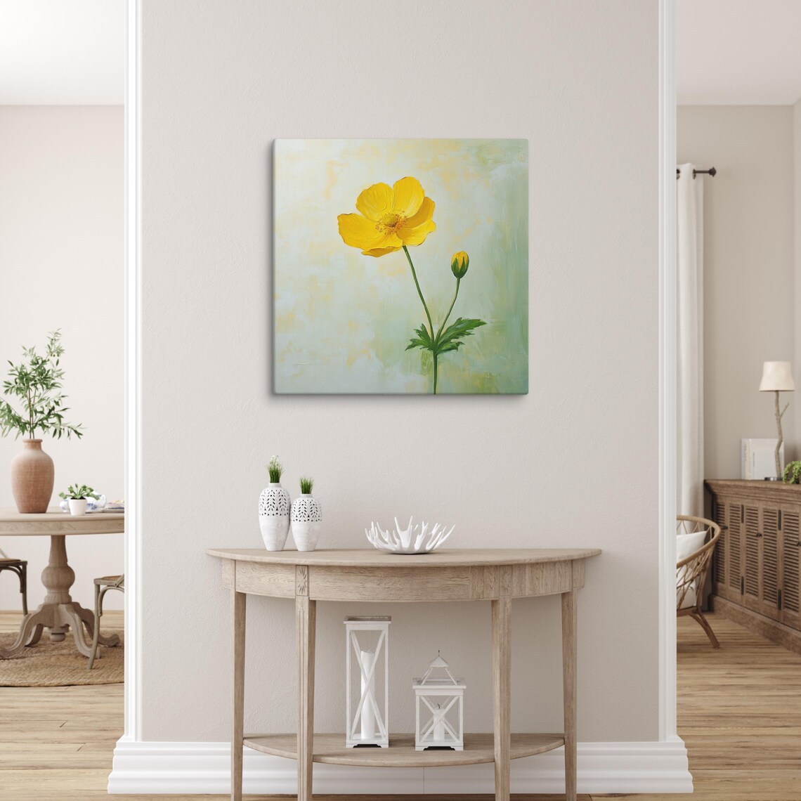 Yellow Buttercup Flower Minimalist Pale Green Botanical Wall Art Print - Image 4
