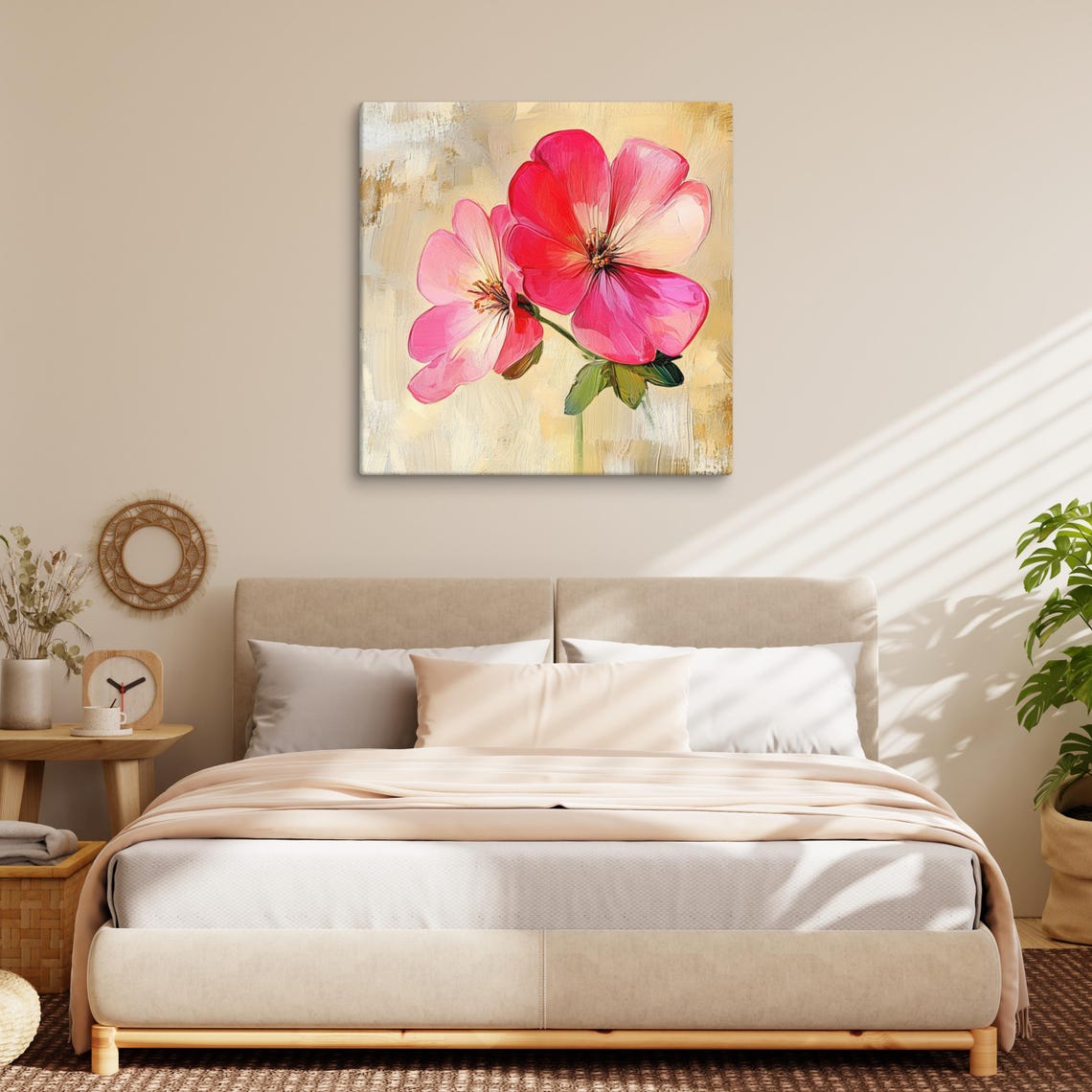 Pink Geranium Blossoms Cream Textured Background Painting Art Poster - Image 2