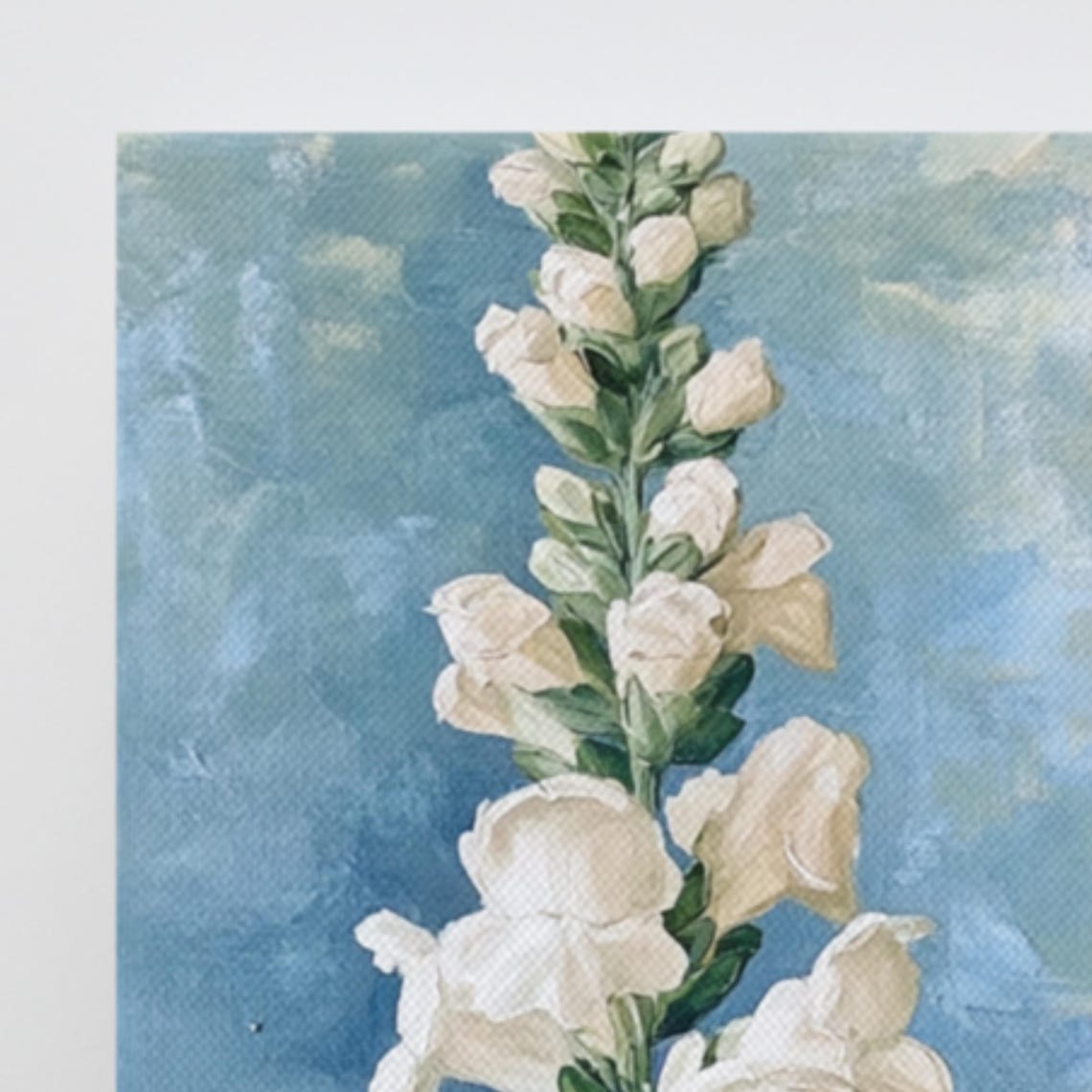 White Snapdragon Flower Spike Blue Sky Painterly Botanical Print - Image 3