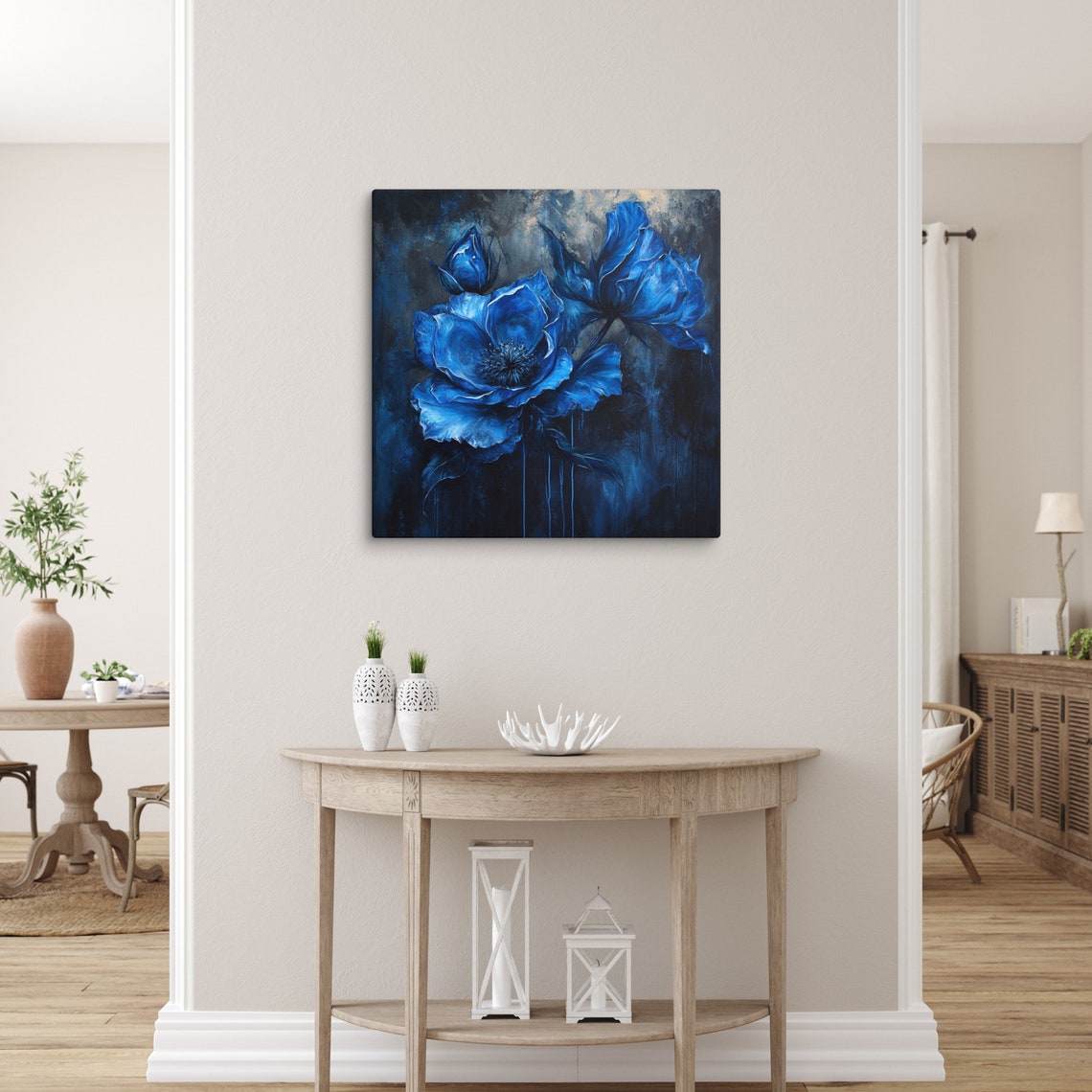 Cobalt Blue Flower Dark Moody Background Botanical Art Poster - Image 3