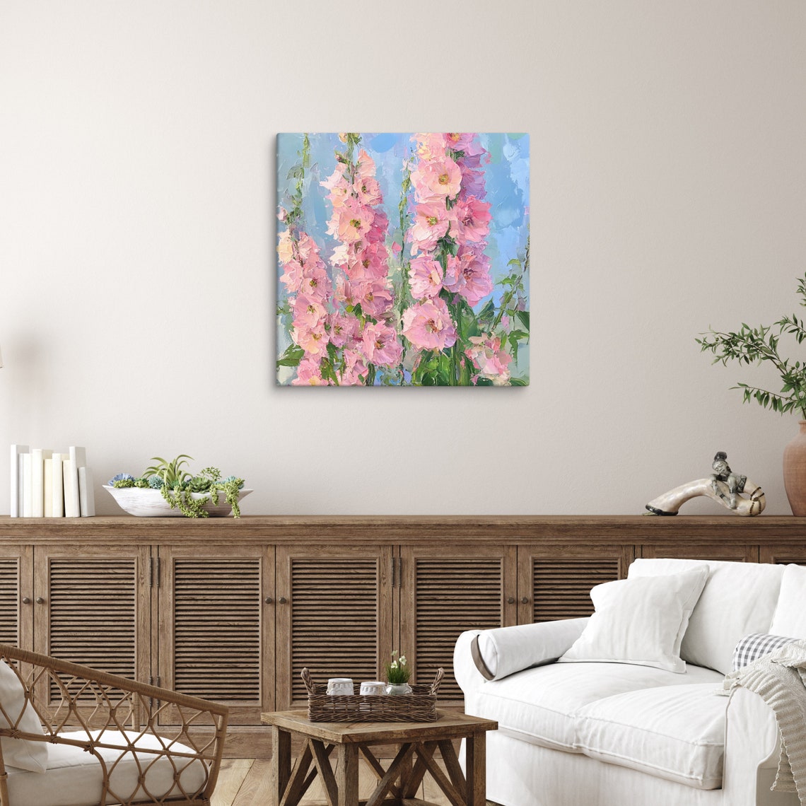 Pink Delphinium Tall Flower Spikes Blue Sky Impressionist Art Poster - Image 5