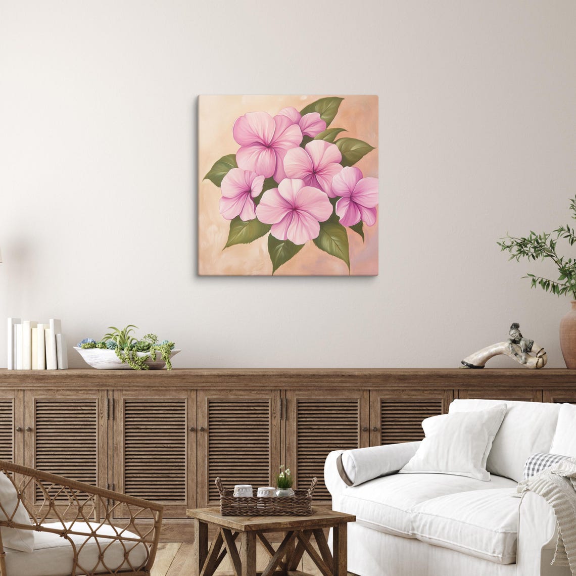 Pink Impatiens Cluster Lush Green Leaves Floral Painting Print - Image 4
