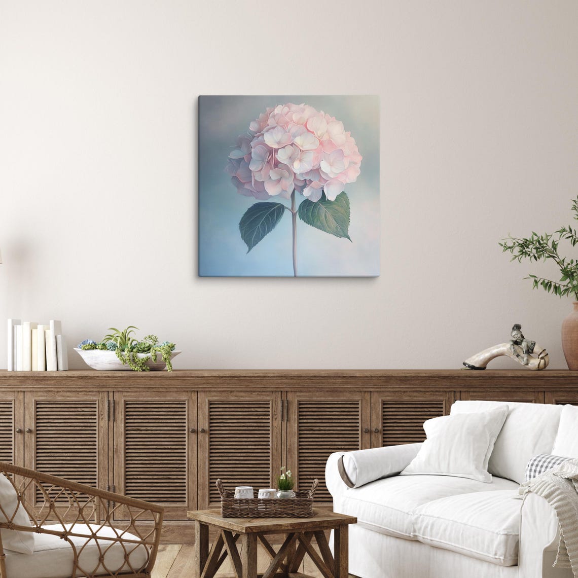 Pink Hydrangea Bloom On Stem Soft Blue Background Print Poster - Image 4