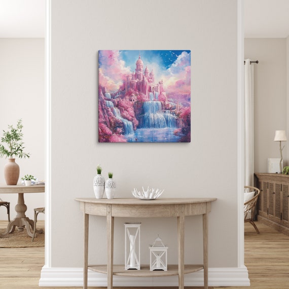Pink Waterfall Print Pink Wall Art Waterfall Painting Print Art Print Magical Castle Mystical Realm Magical Art