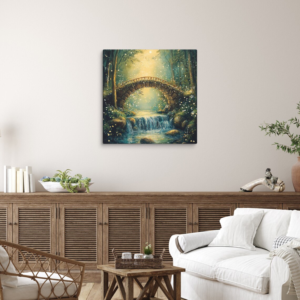 Magical Bridge Print Wall Art Painting Print Waterfall Art Forest Wall Art Magical Forest Mystical Wall Art
