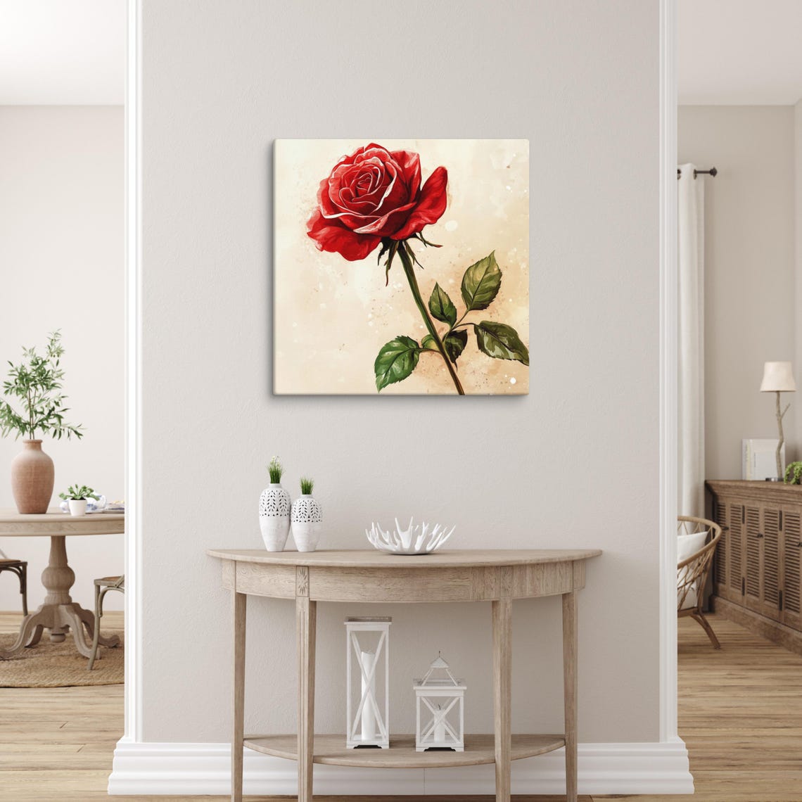 Single Red Rose Watercolor Classic Romantic Rose Bloom Poster - Image 2