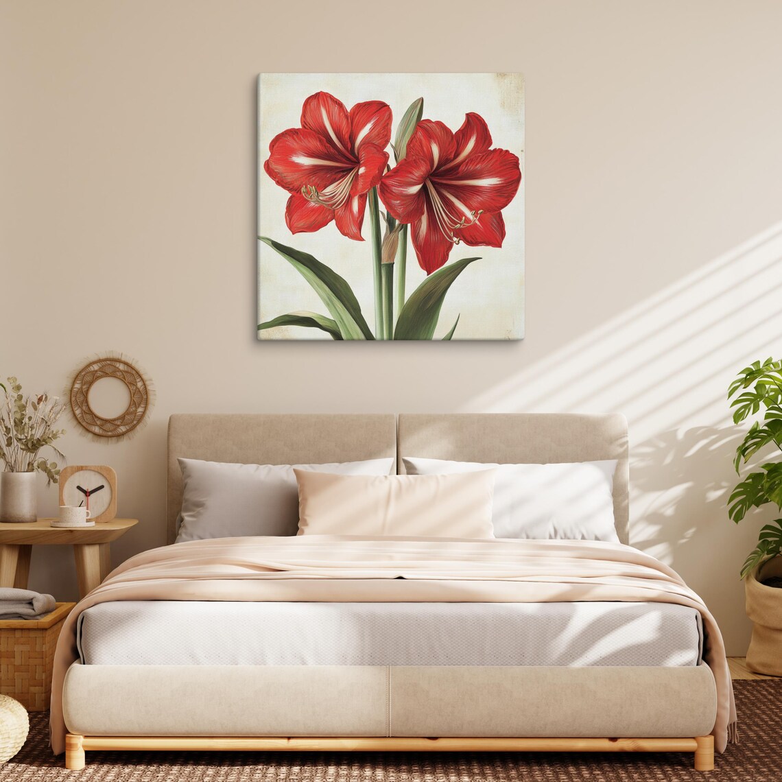 Red Amaryllis Blooms Vintage Cream Background Botanical Art Poster - Image 4