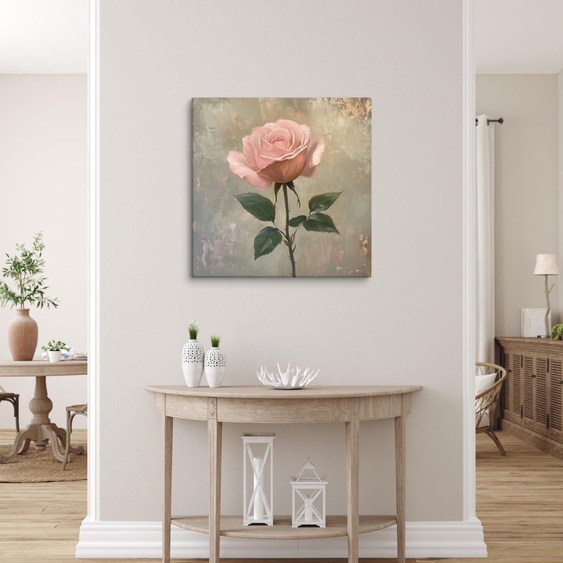 Blush Pink Rose Single Stem Gray Green Vintage Floral Wall Art - Image 5