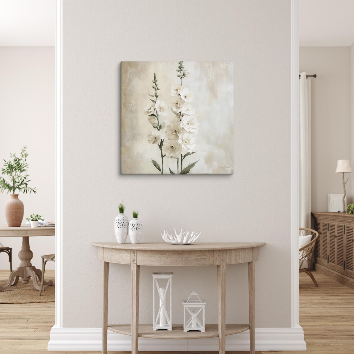 Tall White Snapdragon Flower Spikes Vintage Beige Floral Print - Image 5