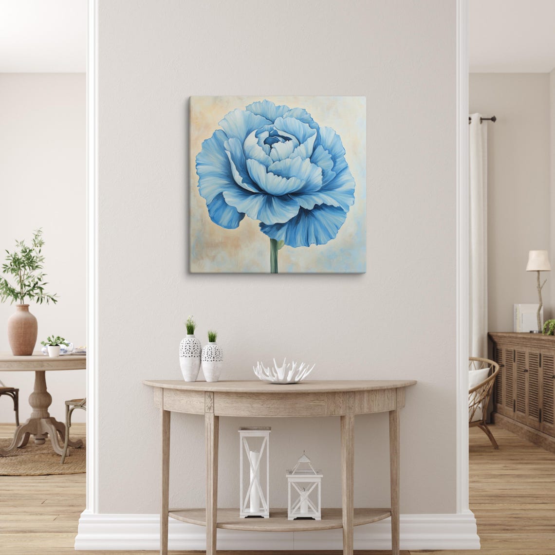 Large Blue Carnation Bloom Soft Cream Background Print Poster - Image 5