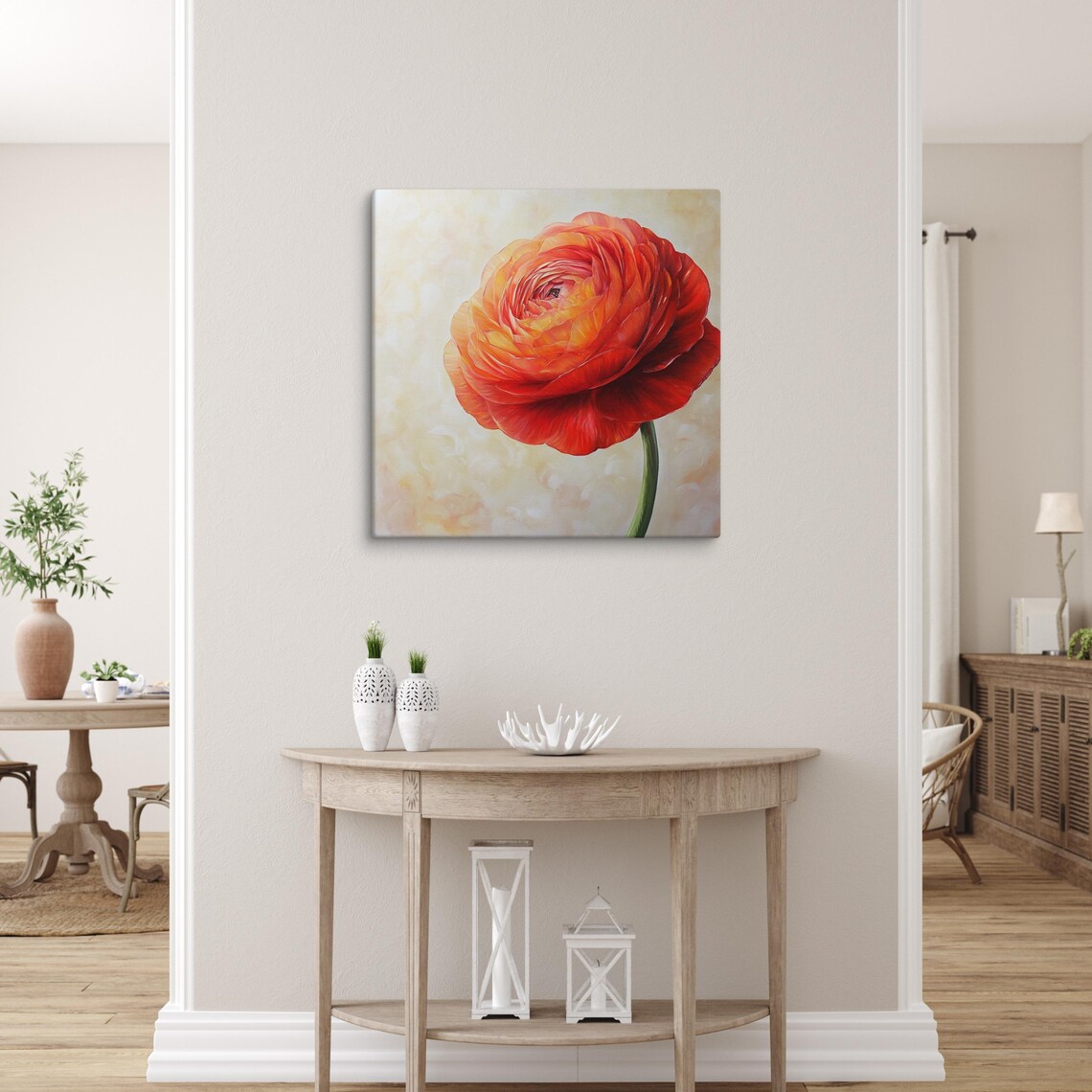Red Orange Ranunculus Bloom Layered Petals Cream Background Art Poster - Image 3