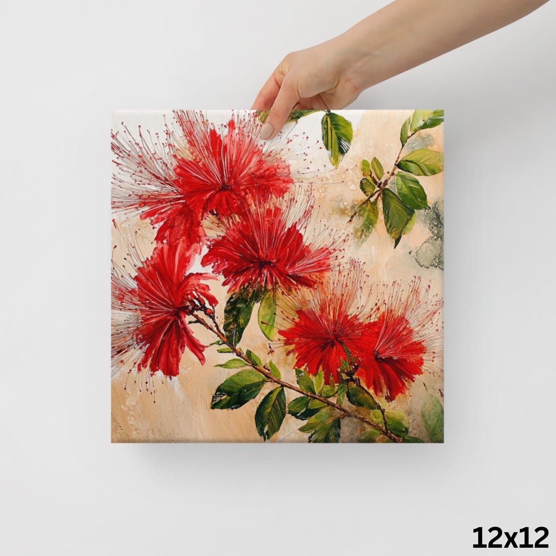 Red Calliandra Powder Puff Blooms Tropical Branch Botanical Print - Image 2