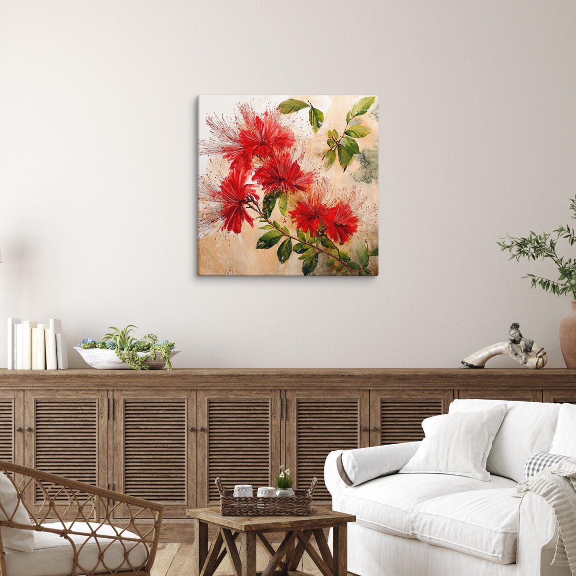 Red Calliandra Powder Puff Blooms Tropical Branch Botanical Print - Image 5