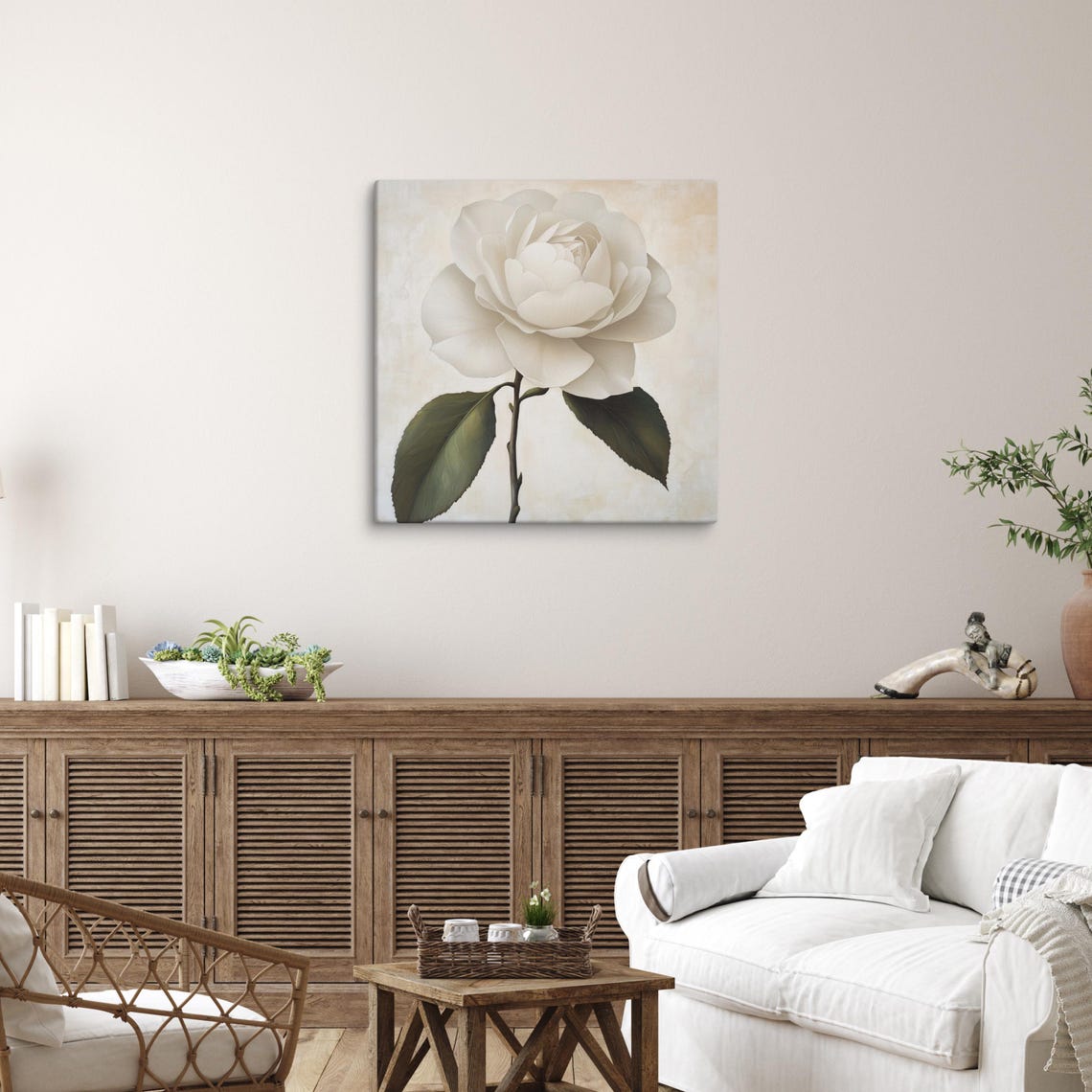 White Camellia Elegant Pure Bloom Ivory Floral Painting Print - Image 5