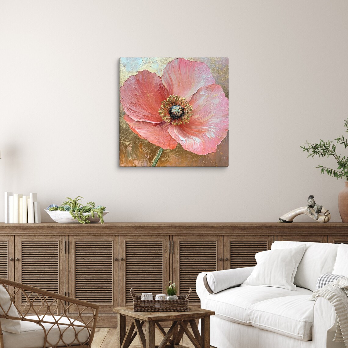 Pink Poppy Golden Stamens Impasto Textured Floral Art Poster - Image 2
