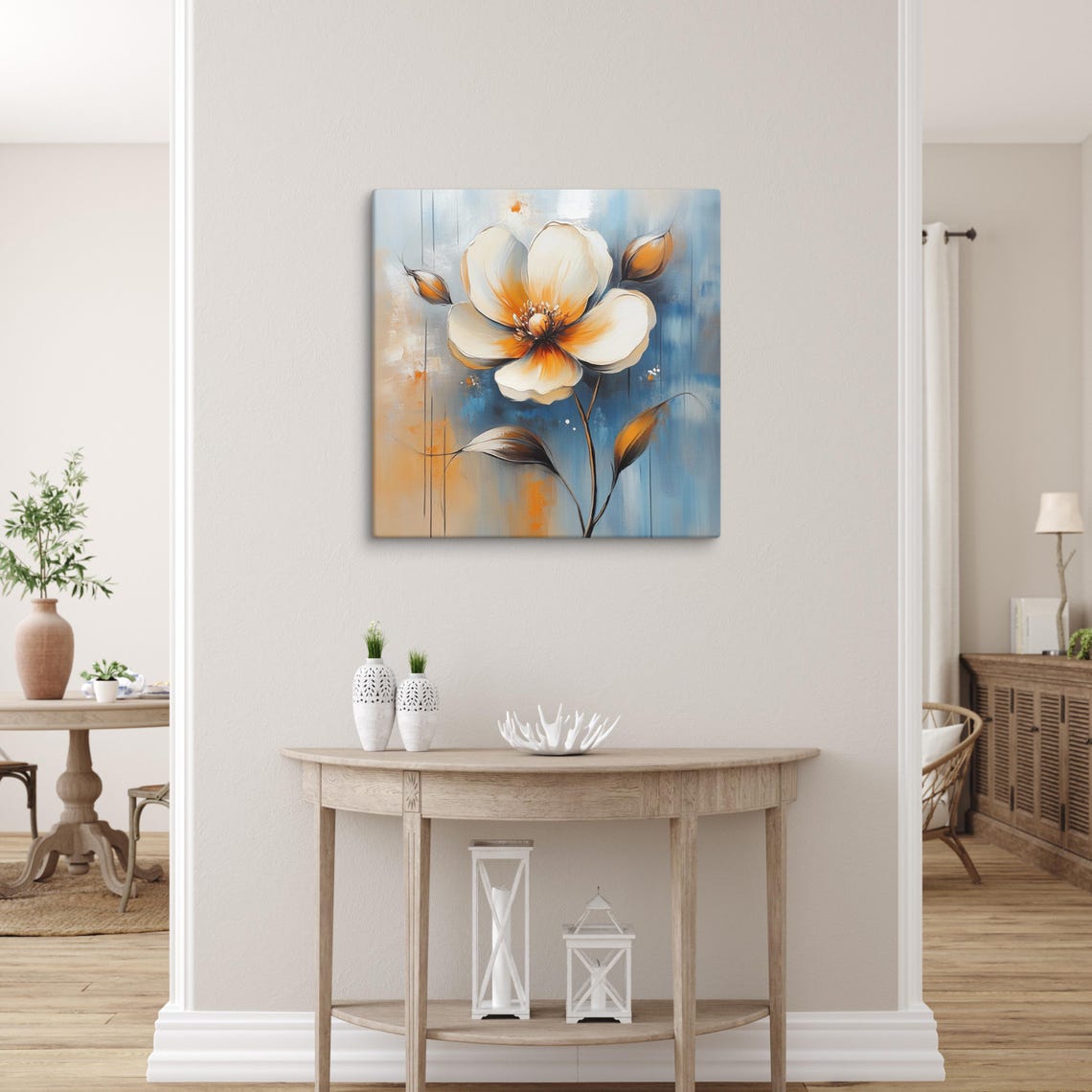 White Flower Orange Amber Center Blue Abstract Modern Statement Poster - Image 3