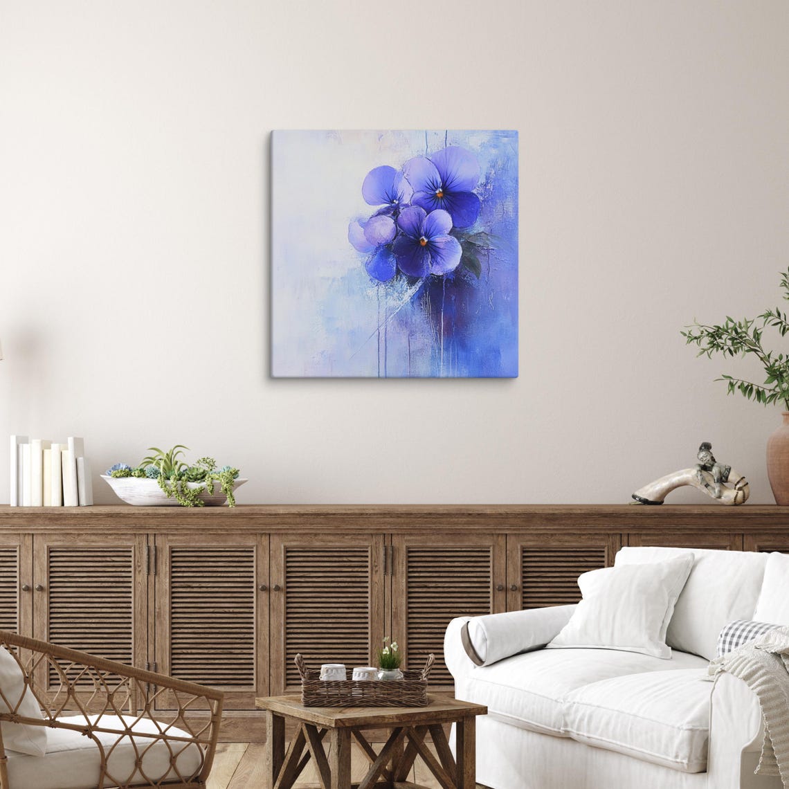 Purple Violets Blue Abstract Dreamy Floral Oil Painting Poster - Image 4