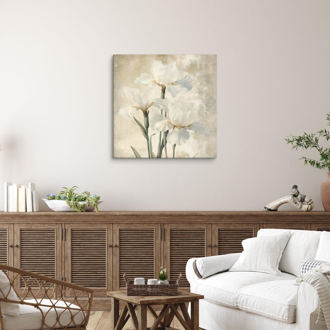 White Iris Blossoms Vintage Beige Background Botanical Art Poster - Image 3
