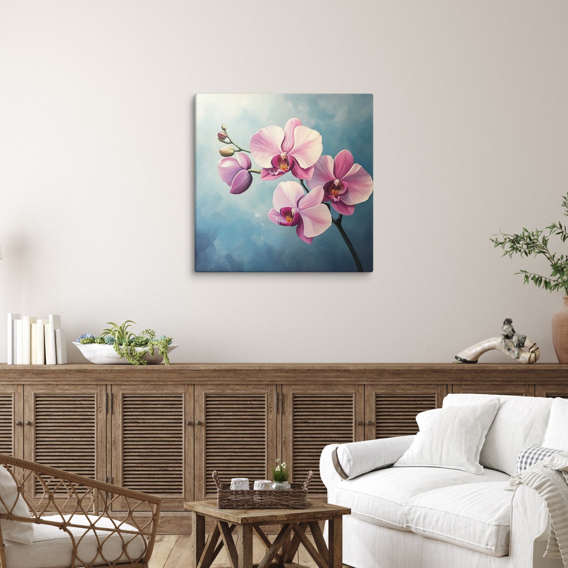 Pink Orchid Blossoms Teal Background Watercolor Painting Poster - Image 4