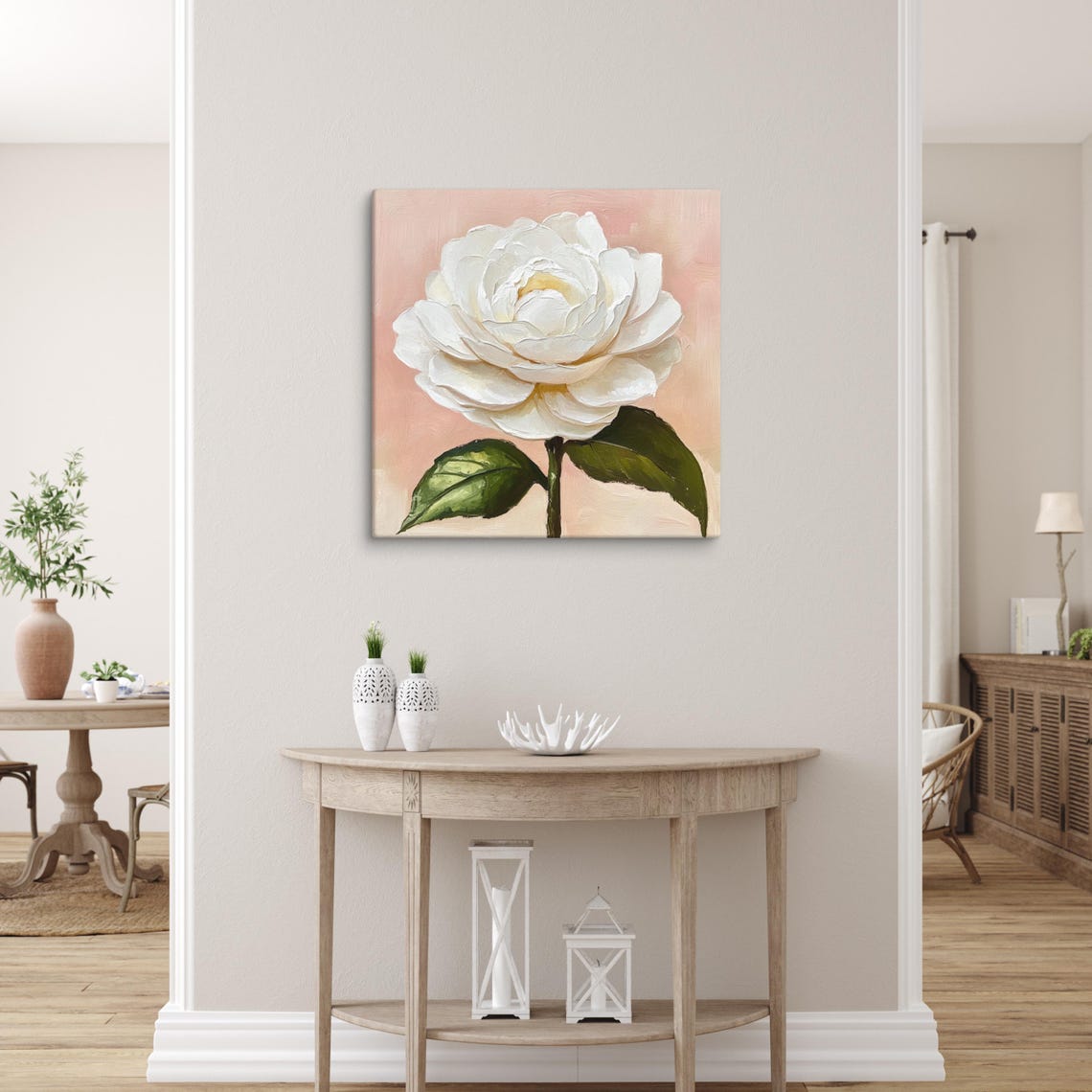 White Camellia Blush Pink Background Impasto Floral Art Poster - Image 5