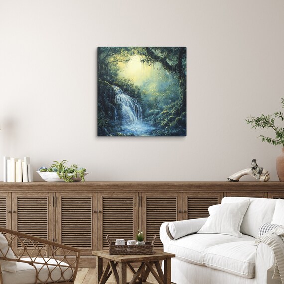 Blue Waterfall Print Large Waterfall Painting Print Waterfall Art Nature Art Jungle Art Water Wall Art Wall Art